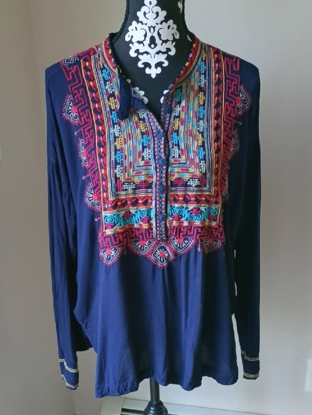 Johnny Was Biya Navy Embroidered Boho Tunic Top